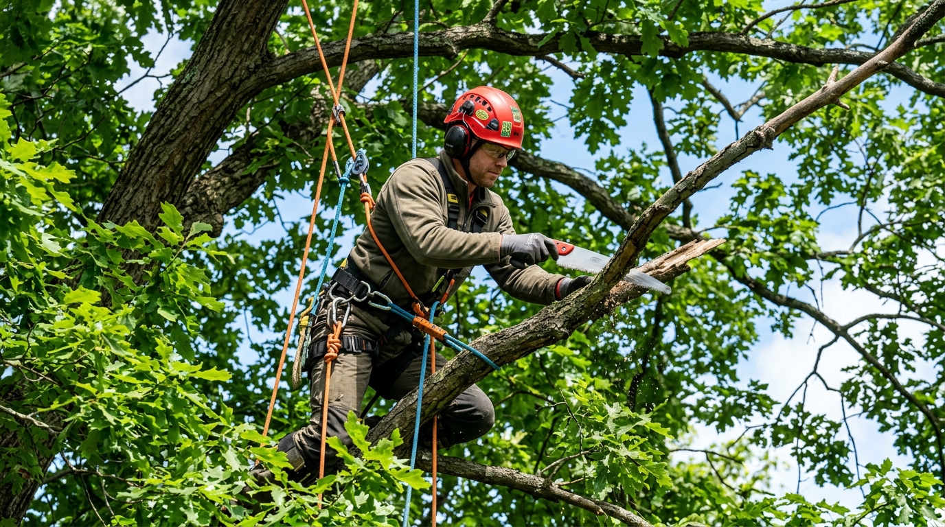 Arborist canopy care &bull; Certified climbing specialist safely pruning high branches on sunny morning