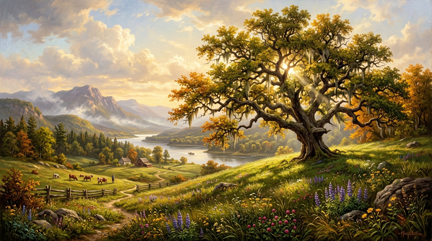 Hudson River School fine art &bull; Majestic ancient live oak canopy spreading across golden meadow hills